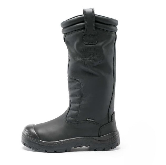 Black rubber boot with a brand logo on a white background