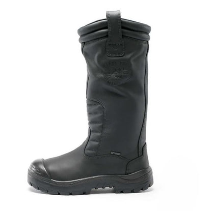 Black rubber boot with a brand logo on a white background