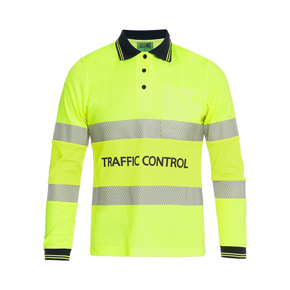 High-visibility yellow long-sleeve shirt with 'Traffic Control' text on a white background