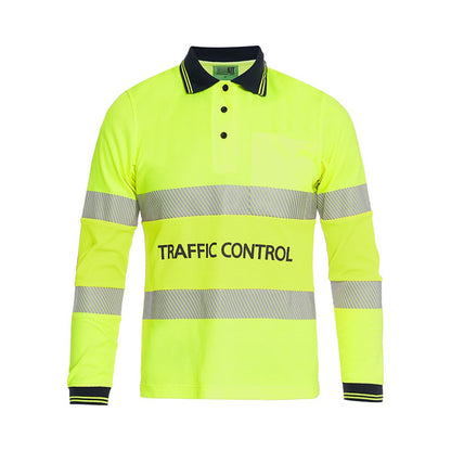 High-visibility yellow long-sleeve shirt with 'Traffic Control' text on a white background