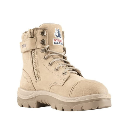 Beige work boot with Steel Blue logo on a white background