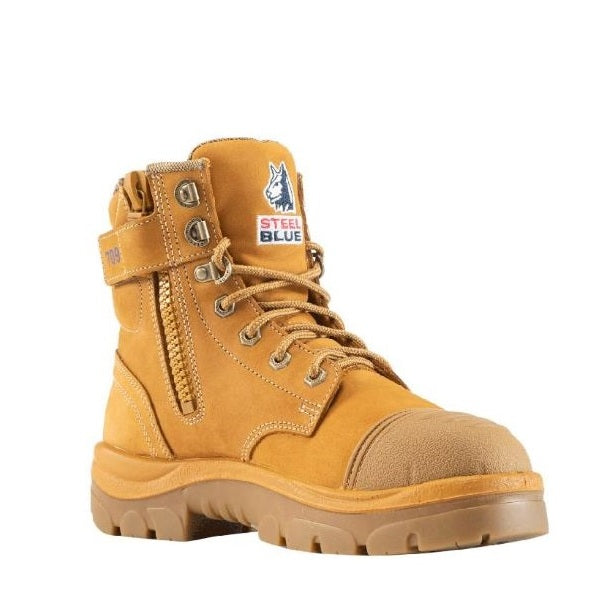 Yellow work boot with a visible brand logo on a white background