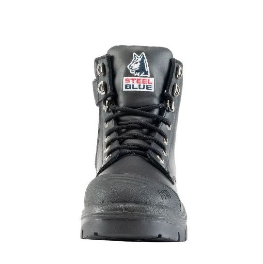Black safety boot with 'Steel Blue' logo on a white background
