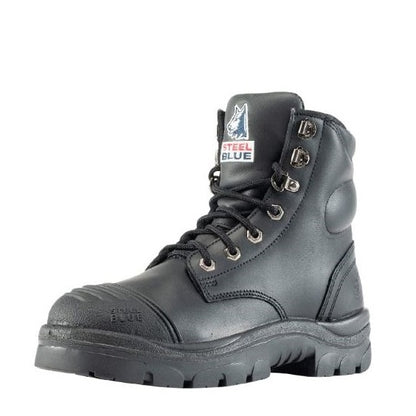 Black boot with 'Steel Blue' branding on a white background