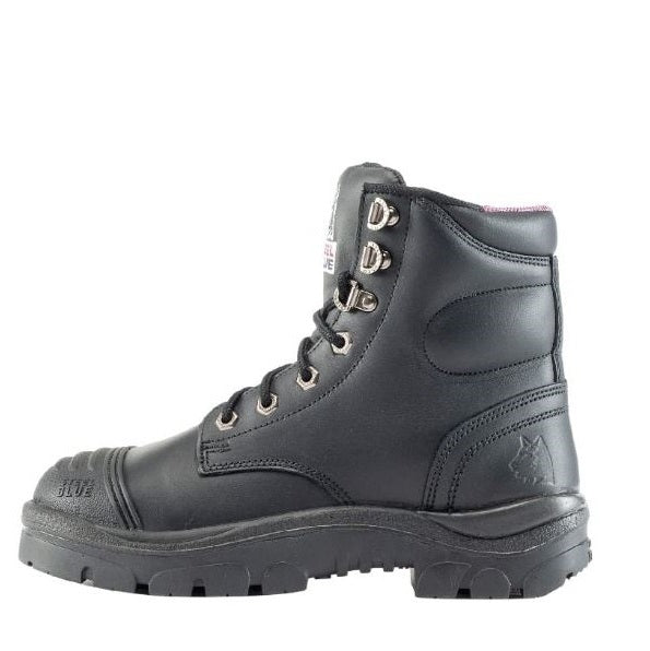 Black leather boot with laces on a white background