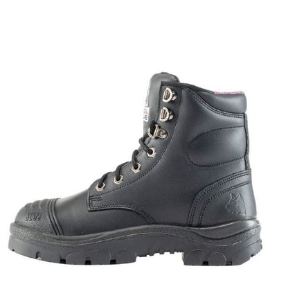 Black leather boot with laces on a white background