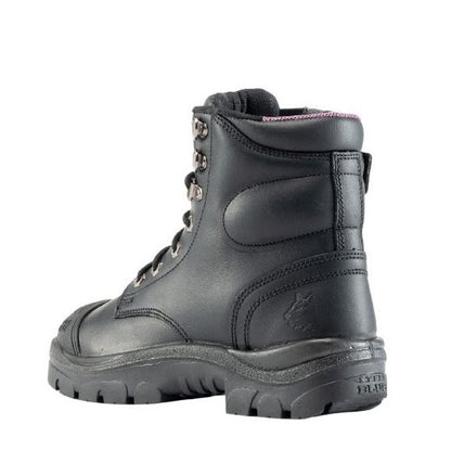 Black boot with a visible brand logo on a white background