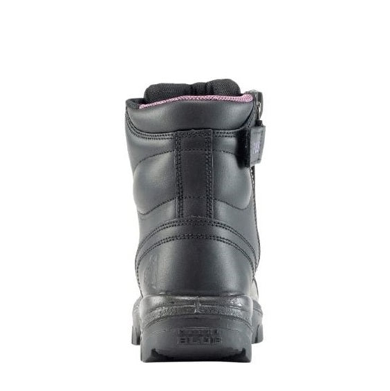 Black leather boot with visible brand logo on a white background