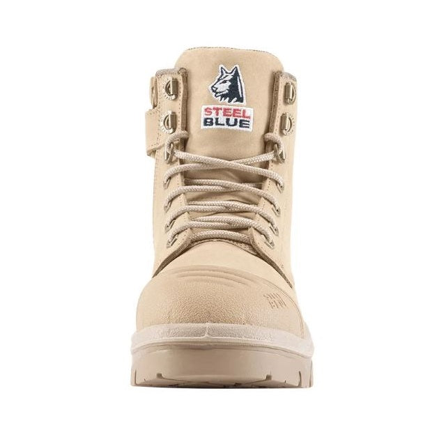 Beige boot with Steel Blue logo on a white background