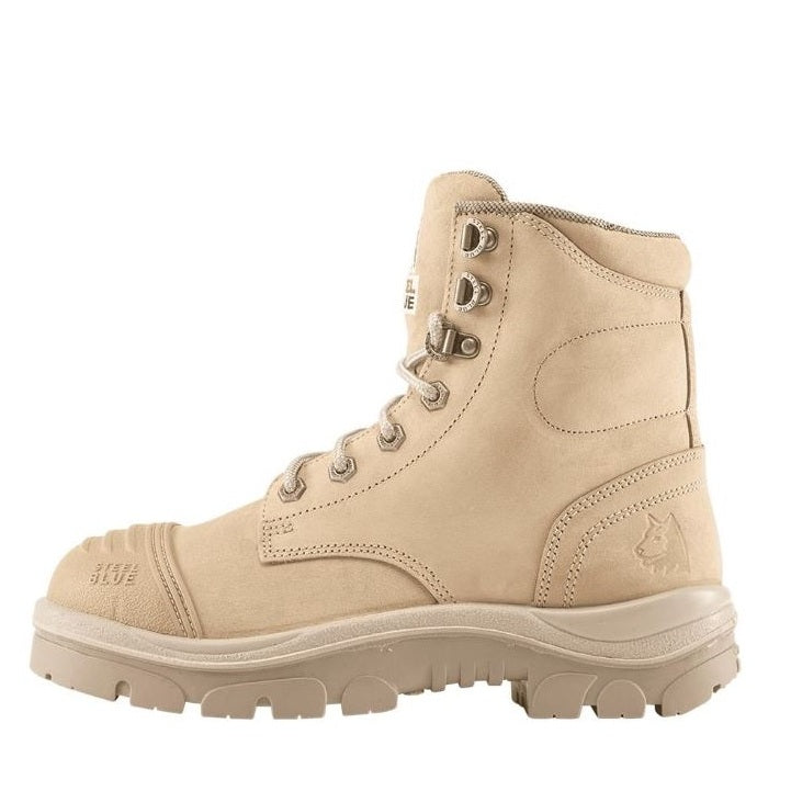 Beige boot with a brand logo on a white background