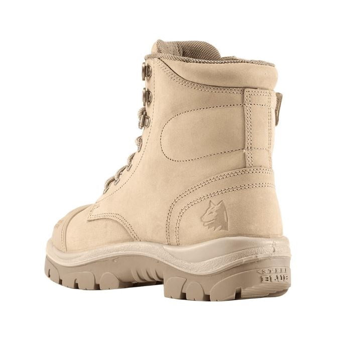 Beige boot with a brand logo on a white background