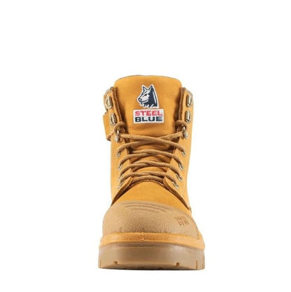 Yellow work boot with 'Steel Blue' logo on a white background