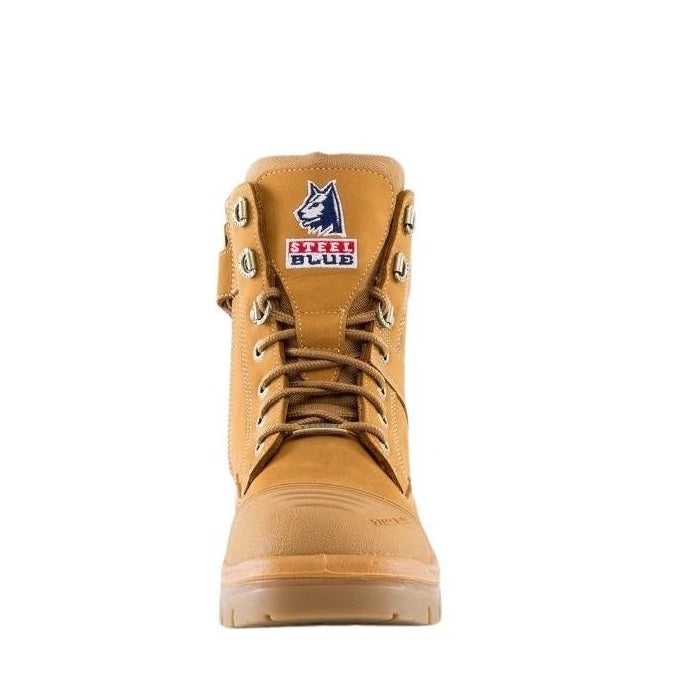 Tan boot with visible branding on a white background
