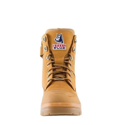 Tan boot with visible branding on a white background