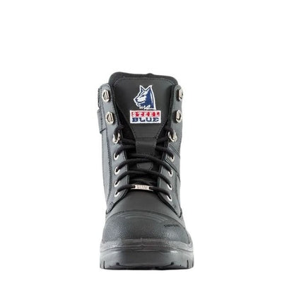Black boot with a brand logo on a white background