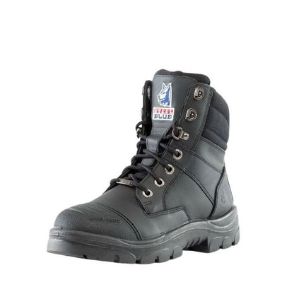 Gray safety boot with a brand logo on a white background