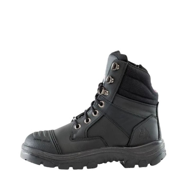 Black tactical boot on a white background