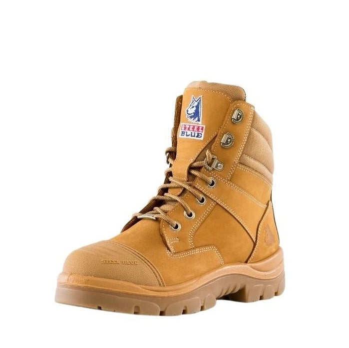 Tan work boot with brand logo on a white background