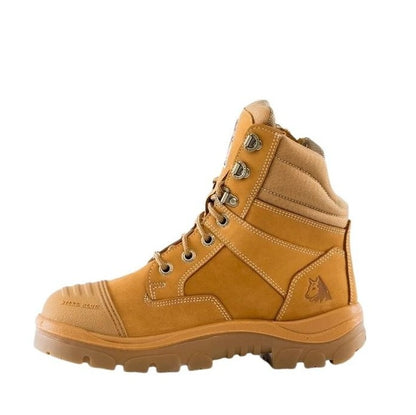 Tan work boot with visible brand logo on a white background