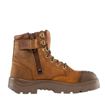 Brown work boot with visible brand name on a white background
