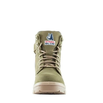 Green high-top boot with 'Steel Blue' logo on a white background