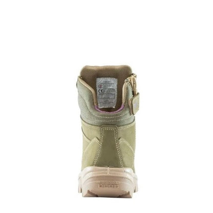 Back view of a green boot with a visible brand logo on a white background