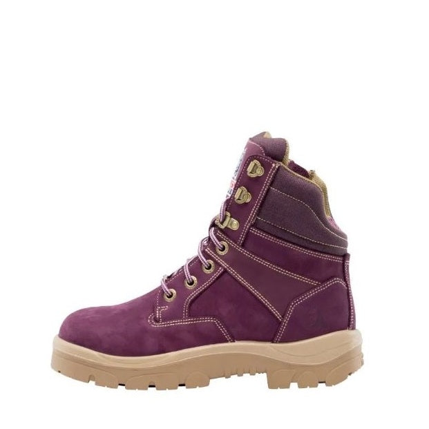Purple boot with beige sole on a white background