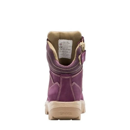 Purple boot with beige sole on a white background