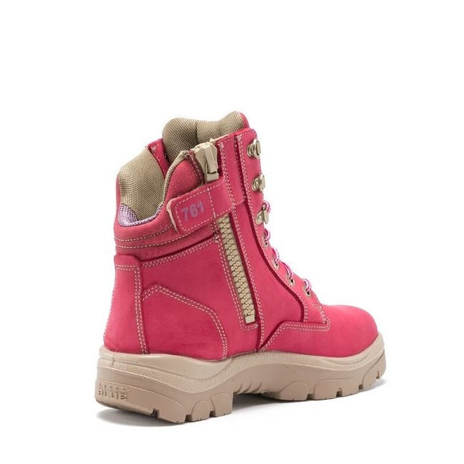 Pink boot with beige accents on a white background