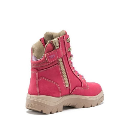 Pink boot with beige accents on a white background