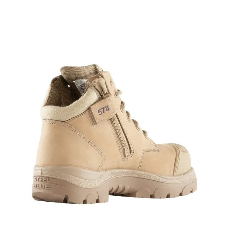 Beige boot with a visible brand logo on a white background