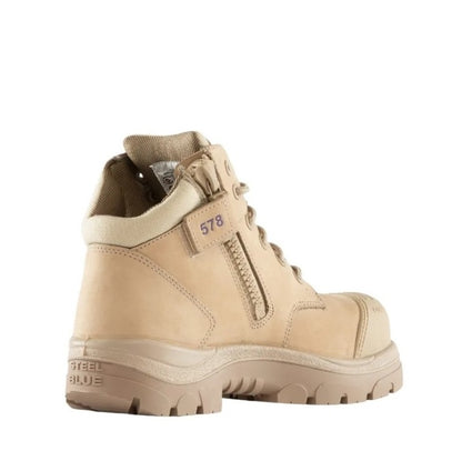 Beige boot with a visible brand logo on a white background