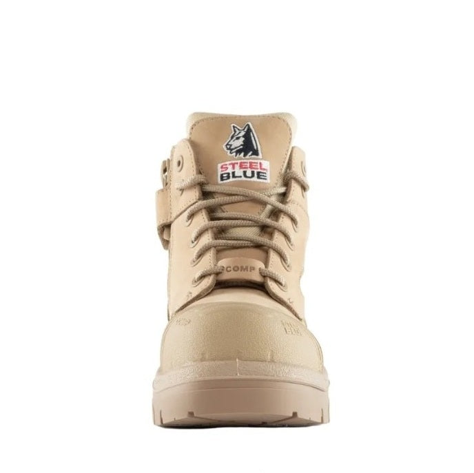Beige boot with 'Steel Blue' logo on a white background