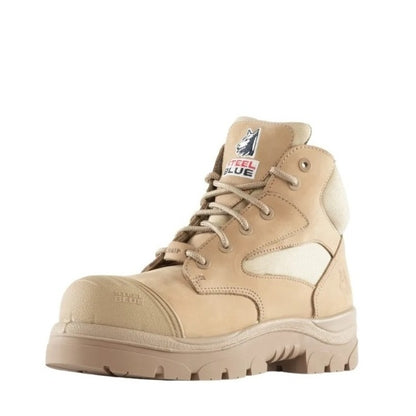 Tan work boot with brand logo on a white background