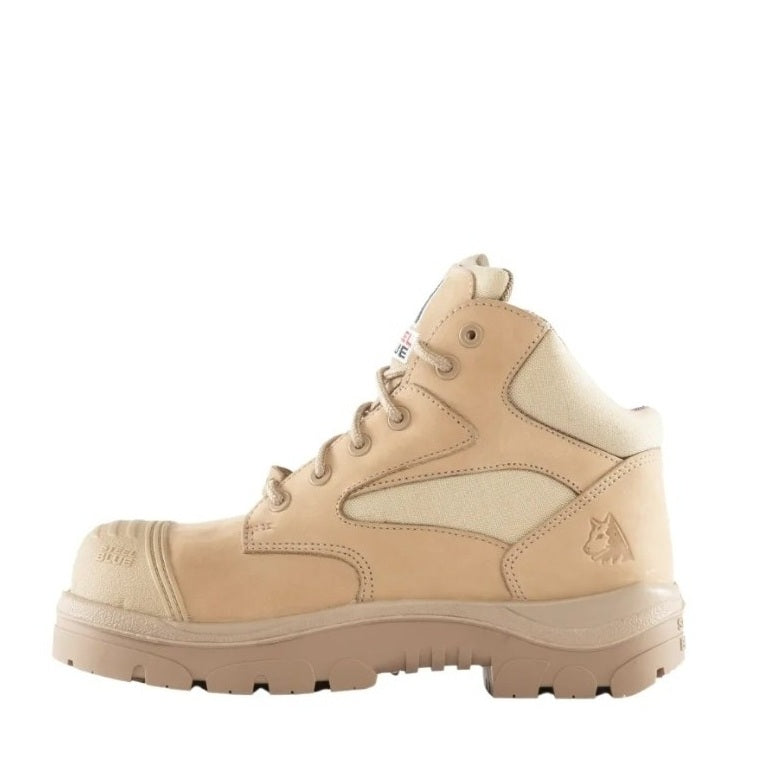 Beige boot with a brand logo on a white background