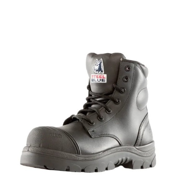 Black safety boot with Steel Blue logo on a white background