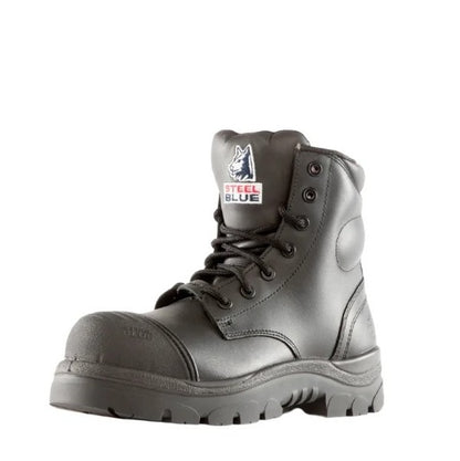 Black safety boot with Steel Blue logo on a white background