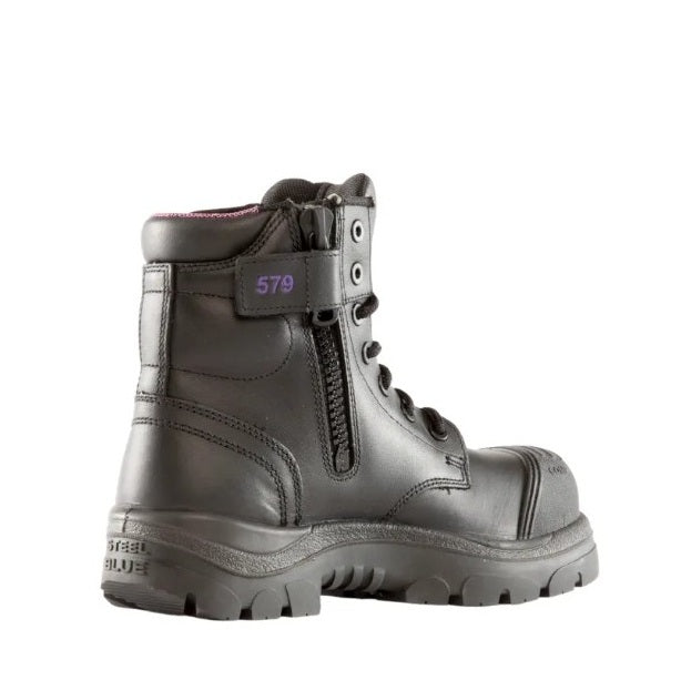 Gray boot with a visible brand logo on a white background