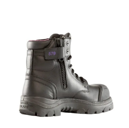 Gray boot with a visible brand logo on a white background