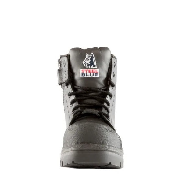 Black high-top boot with 'Steel Blue' branding on a white background