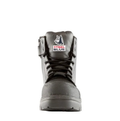 Black high-top boot with 'Steel Blue' branding on a white background