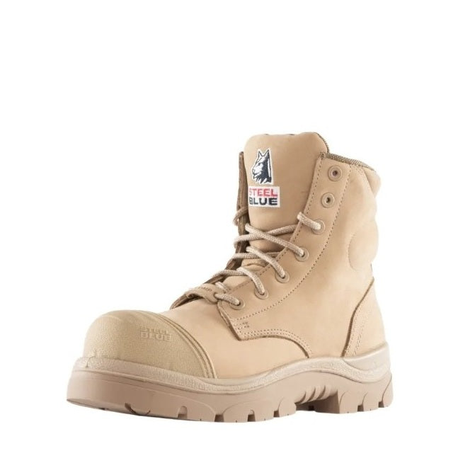 Beige work boot with a visible brand logo on a white background