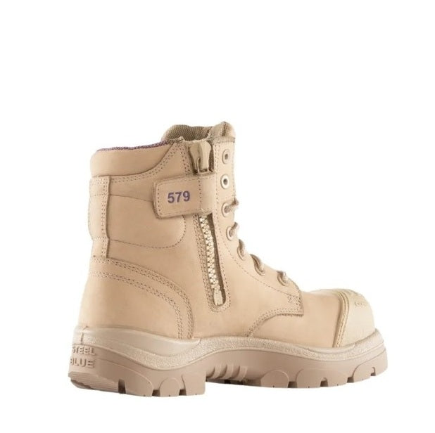Beige boot with a visible brand logo on a white background