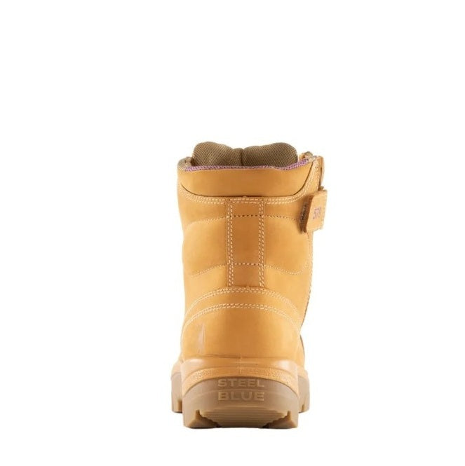 Yellow boot with 'Steel Blue' branding on a white background