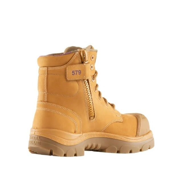 Yellow work boot with visible brand name on a white background