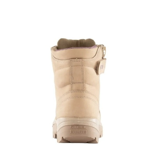 Beige boot with 'Steel Blue' branding on a white background
