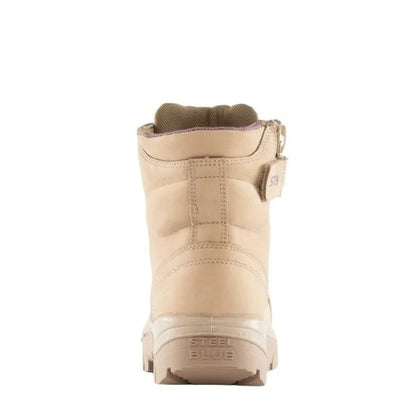 Beige boot with 'Steel Blue' branding on a white background