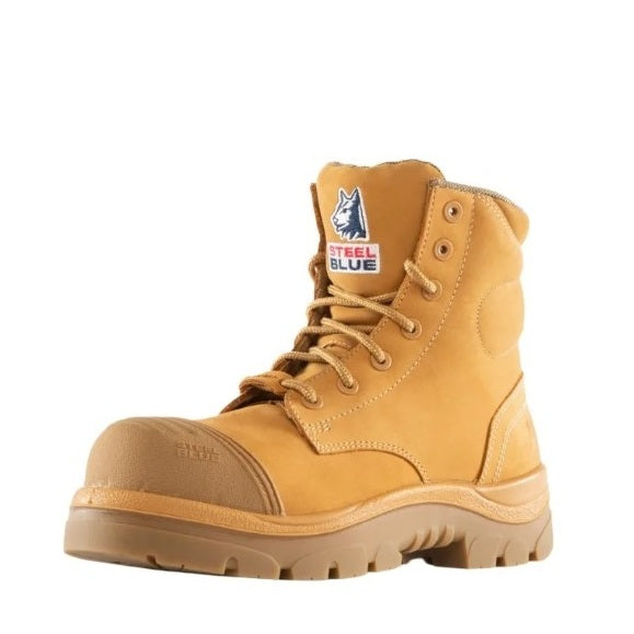 Tan work boot with Steel Blue logo on a white background