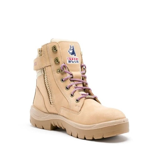 Beige boot with purple laces on a white background