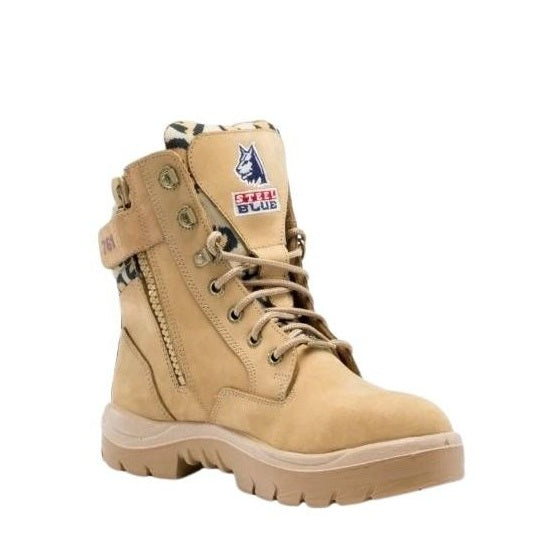 Tan boot with brand logo on a white background
